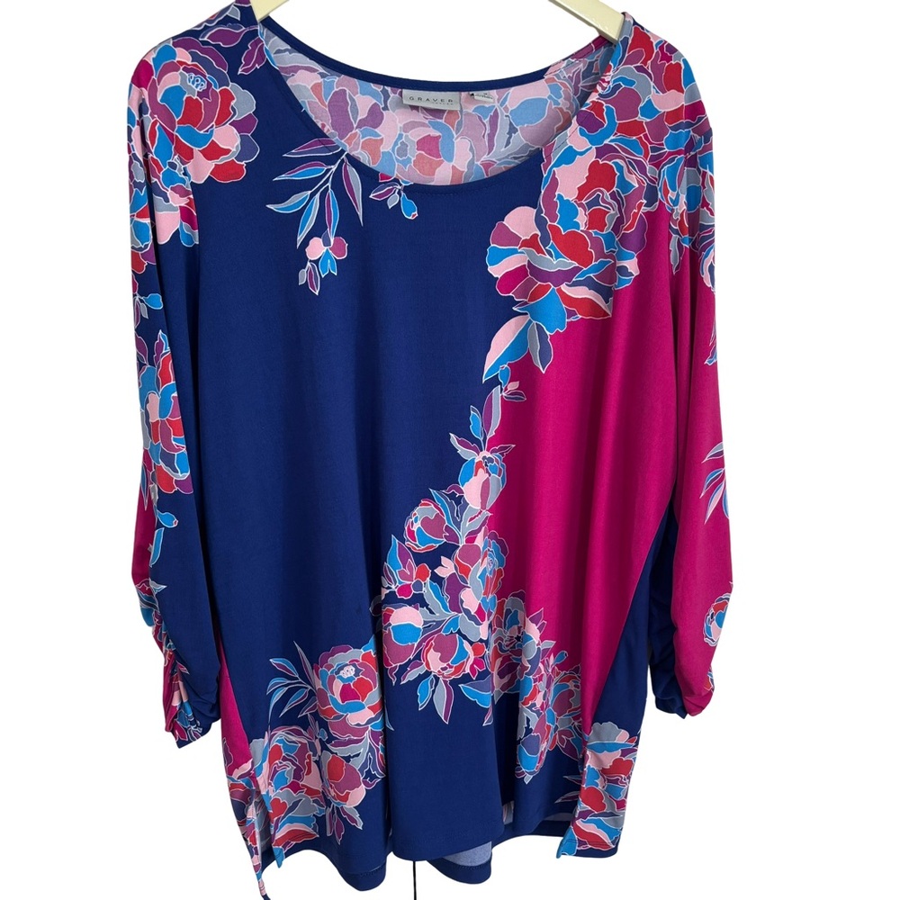 Susan Graver Fuchsia Blue Floral Liquid Knit Stretch Tunic Ruched L/S Sz 1X Top